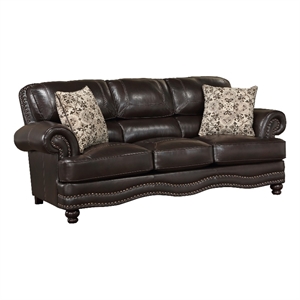 Benjara Rhea 88&quot Accent Sofa- Brown Vegan Faux Leather- Nailhead Trim Accent