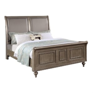 Benjara Ella Modern King Size Bed- Faux Leather Upholstery- Nailhead Trim- Gold