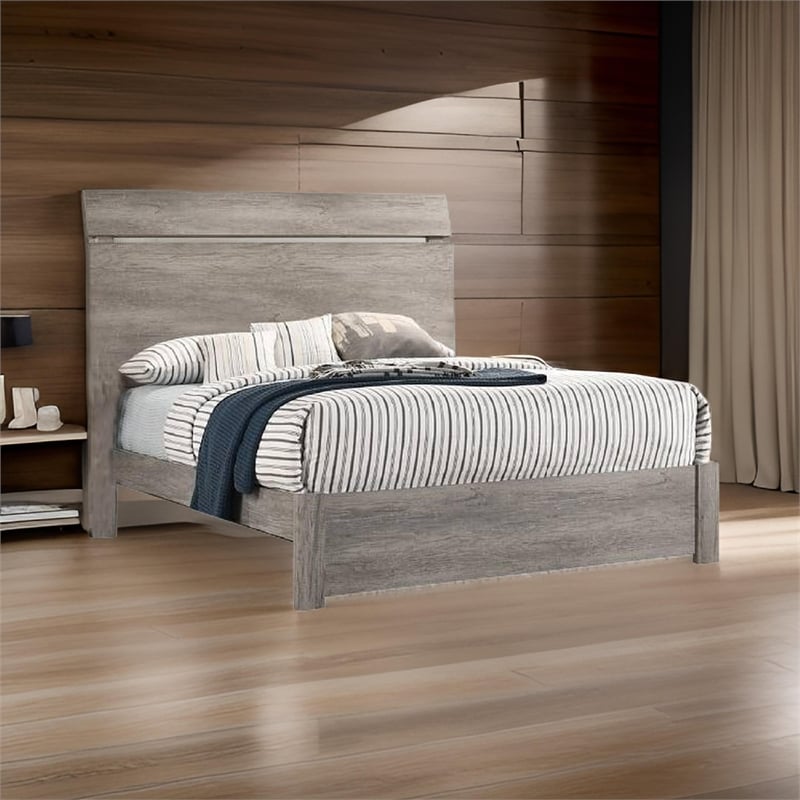 Benjara Posy Platform California King Bed- Split Headboard- Distressed Gray Wood