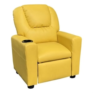 Benjara Kids Youth Recliner Chair with Cup Holder-Yellow Faux Leather Upholstery