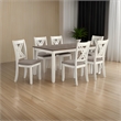 Benjara 7 Piece Dining Set- Dry Brushed Weathered Wood Surface- Gray Upholstery