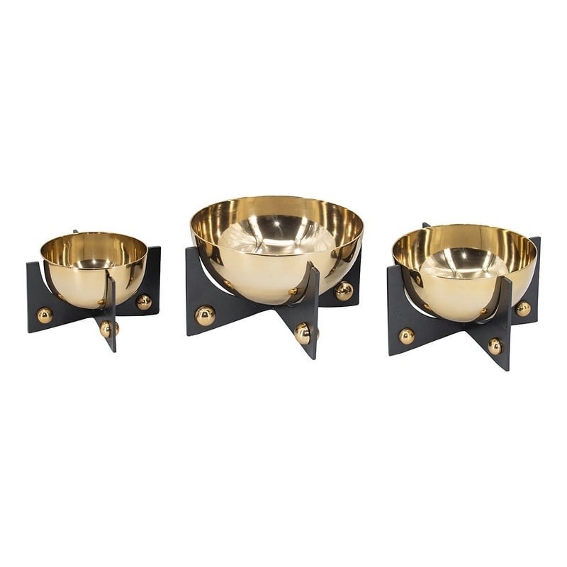 Benjara Set of 3 Aluminum Round Decorative Bowls- Gold Finish- Jet Black Stand