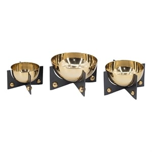 Benjara Set of 3 Aluminum Round Decorative Bowls- Gold Finish- Jet Black Stand