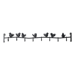 Benjara 38&quot Wall Hooks- Perched Birds- 8 Coat Hooks- Black Iron- Vintage Style