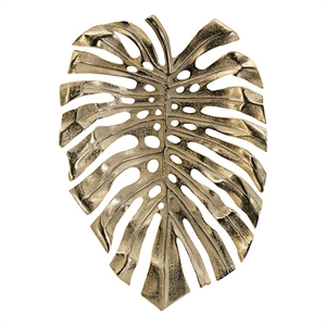 Benjara Linzo 19&quot Aluminum Wall Hanging Bowl- Monstera Leaf- Bright Gold Finish
