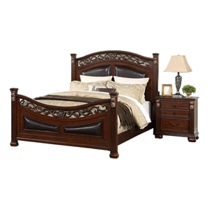 Benjara Miri California King Bed-Carved Details-Faux Leather Upholstery-Cherry