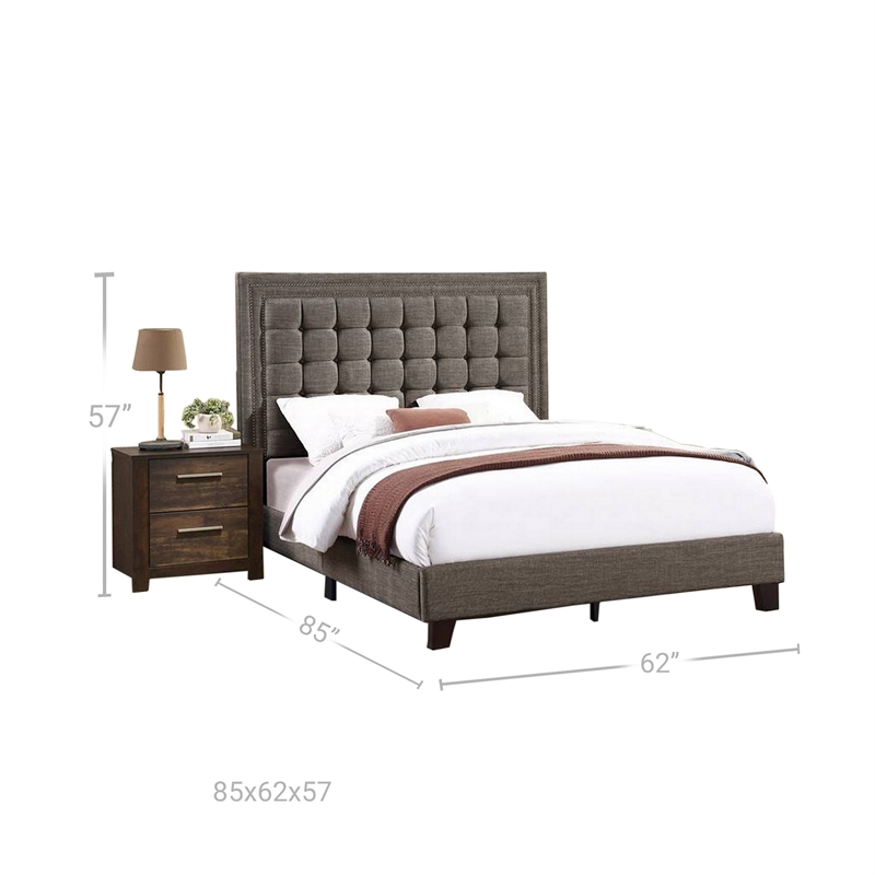 Benjara Zofi Modern Queen Size Bed-Deep Square Tufted Upholstery-Taupe Polyester