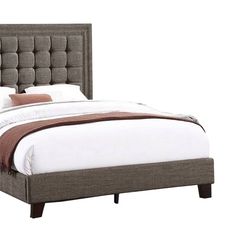 Benjara Zofi Modern Queen Size Bed-Deep Square Tufted Upholstery-Taupe Polyester