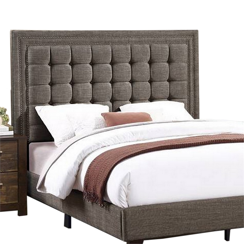 Benjara Zofi Modern Queen Size Bed-Deep Square Tufted Upholstery-Taupe Polyester