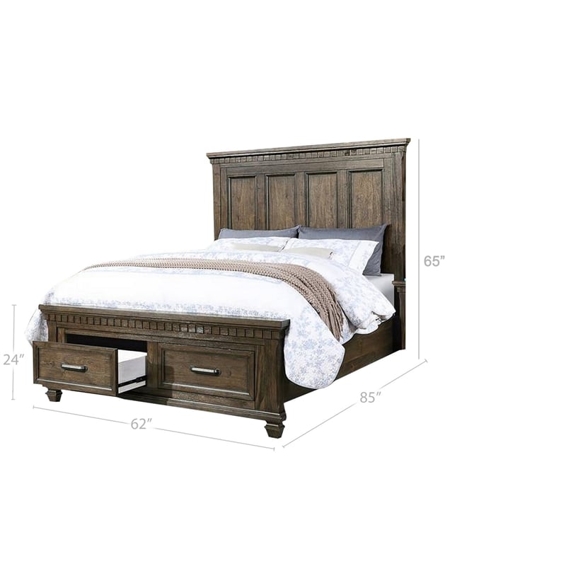 Benjara Ziv Classic Wood Queen Size Bed with Storage Drawers-Metal Handles-Brown