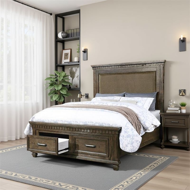 Benjara Ziv Classic Wood Queen Size Bed with Storage Drawers-Metal Handles-Brown