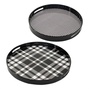 Benjara 2 Piece Round Decorative Tray- Plastic Frame- Black & White Plaid Print