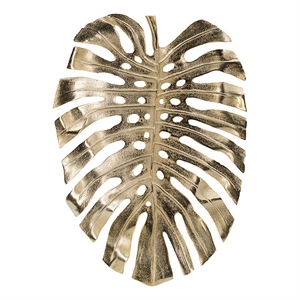 Benjara Linzo 25&quot Metal Wall Hanging Decor- Monstera Leaf- Bright Gold Finish
