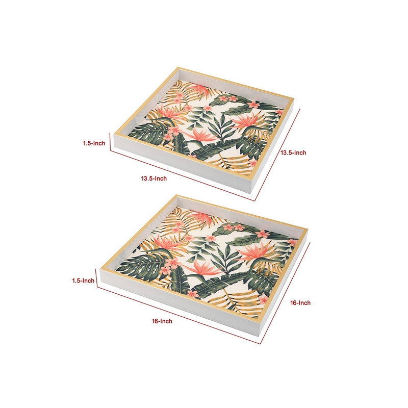 Benjara Floral Printed Decorative Trays- Crisp White/Pink- Green (Set of 2)