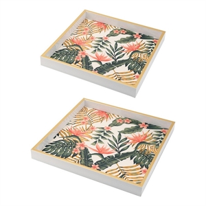 Benjara Floral Printed Decorative Trays- Crisp White/Pink- Green (Set of 2)