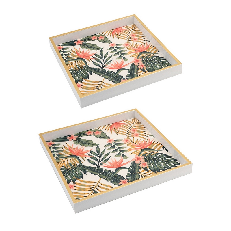 Benjara Floral Printed Decorative Trays- Crisp White/Pink- Green (Set of 2)