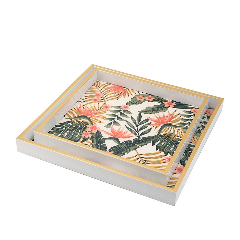 Benjara Floral Printed Decorative Trays- Crisp White/Pink- Green (Set of 2)