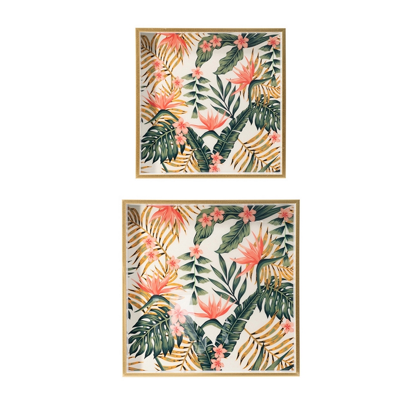 Benjara Floral Printed Decorative Trays- Crisp White/Pink- Green (Set of 2)