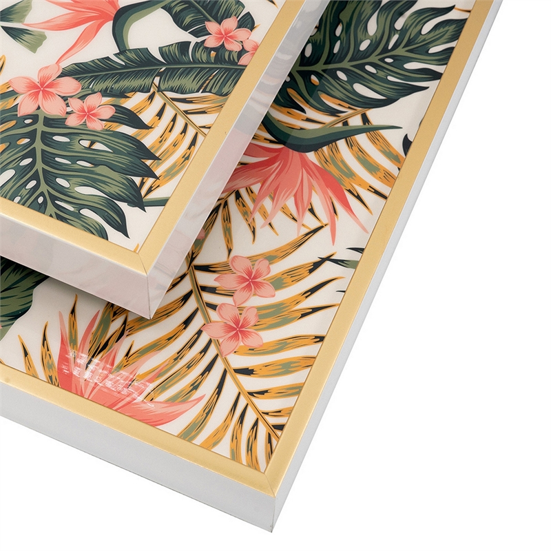 Benjara Floral Printed Decorative Trays- Crisp White/Pink- Green (Set of 2)