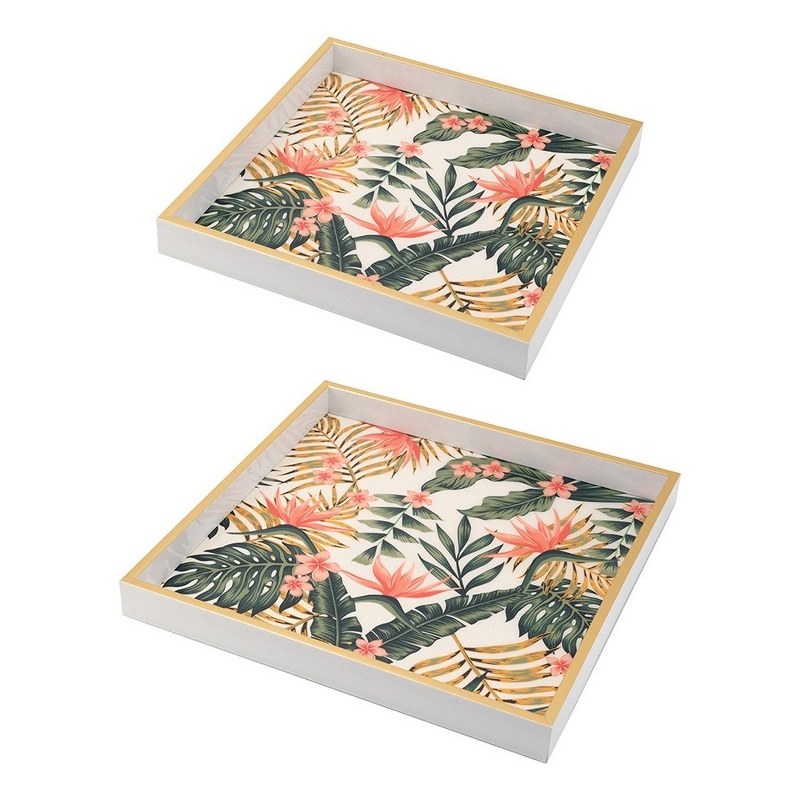 Benjara Floral Printed Decorative Trays- Crisp White/Pink- Green (Set of 2)