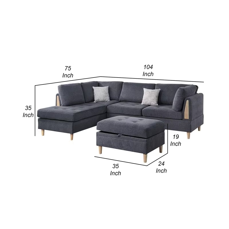 Benjara Cato 3 PC L Shape Sectional Sofa Set with Ottoman- 2 Pillows- Charcoal