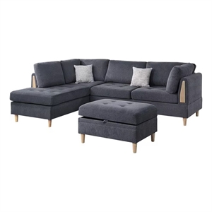 Benjara Cato 3 PC L Shape Sectional Sofa Set with Ottoman- 2 Pillows- Charcoal