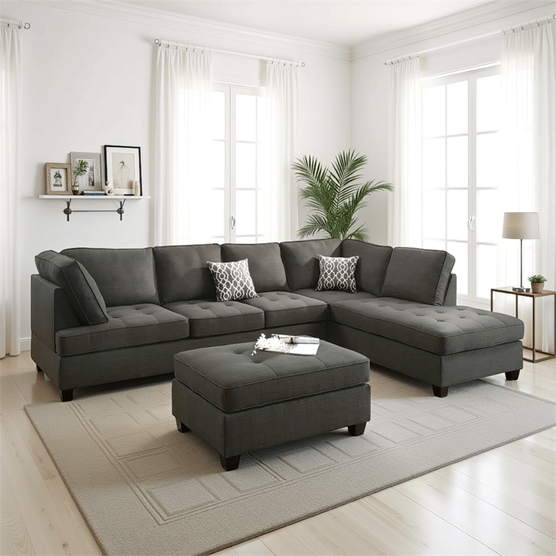 Benjara Roda 2 Piece L Shape Sectional Sofa with Reversible Chaise- Black Fabric