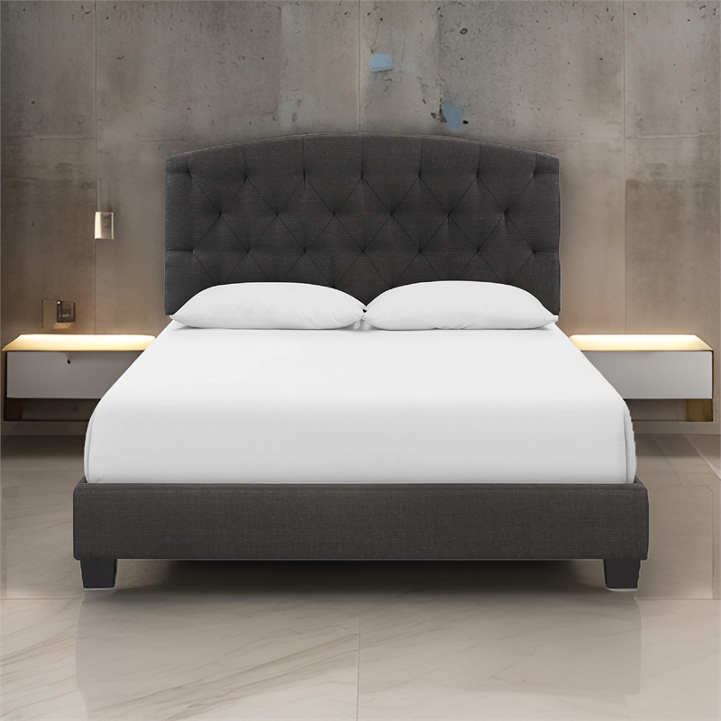 Benjara Dane Full Size Bed-Fully Upholstered-Tufted Curved Headboard-Dark Gray