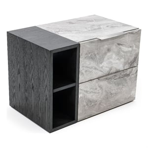 Benjara Noe Minn 26&quot Nightstand- 2 Drawers- Faux Marble Front Panels- Gray