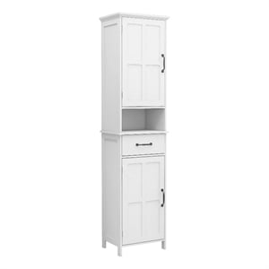 Benjara 65&quot Tall Standing Cabinet with 1 Open Shelf- Black Metal Handles- White