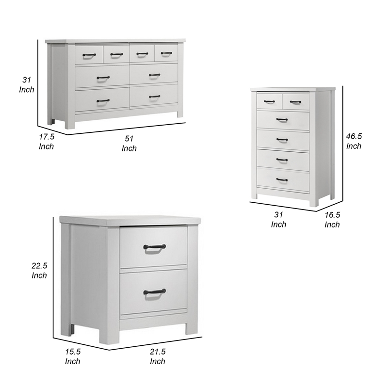 Benjara Jermy 3 Piece Bedroom Drawer Set- Black Handles- Classic White Finish