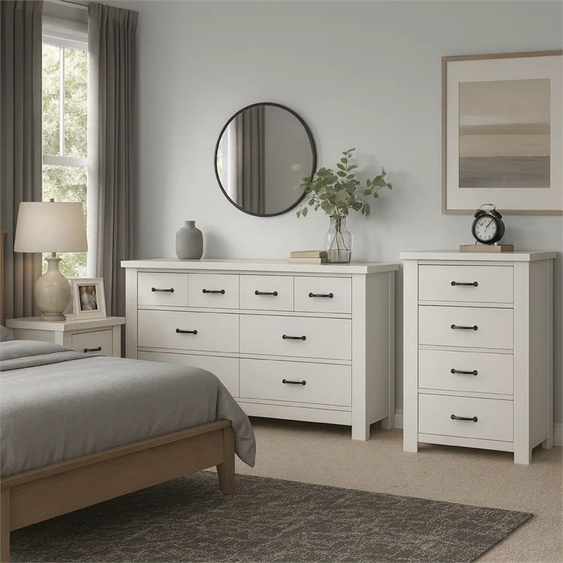 Benjara Jermy 3 Piece Bedroom Drawer Set- Black Handles- Classic White Finish