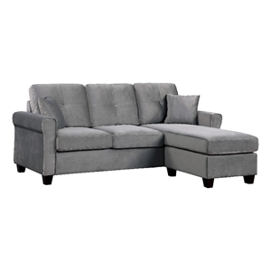 Benjara Daye 83&quot Sectional Sofa- Reversible Chaise- Tufted Gray Velvet Fabric