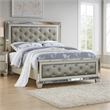 Benjara Reva California King Bed with Mirror Inlay-Upholstered Gray Faux Leather