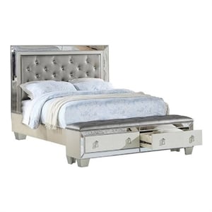 Benjara Reva California King Bed- Storage Bench- Upholstered Silver Faux Leather