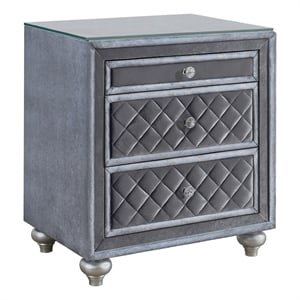 Benjara Rall 30&quot 3 Drawer Nightstand- Glass Top- Crystal Knobs- Gray Velvet