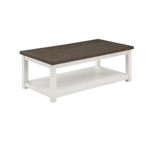 Benjara Mon 48&quot Rectangular Coffee Table- Bottom Shelf- Brown Top- White Frame
