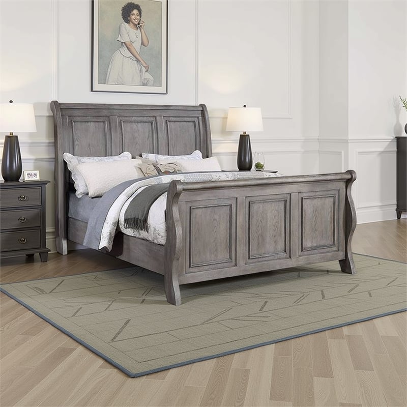 Benjara Demi King Size Bed- Sleigh Headboard- Tri Panel Molding- Oak Gray Wood