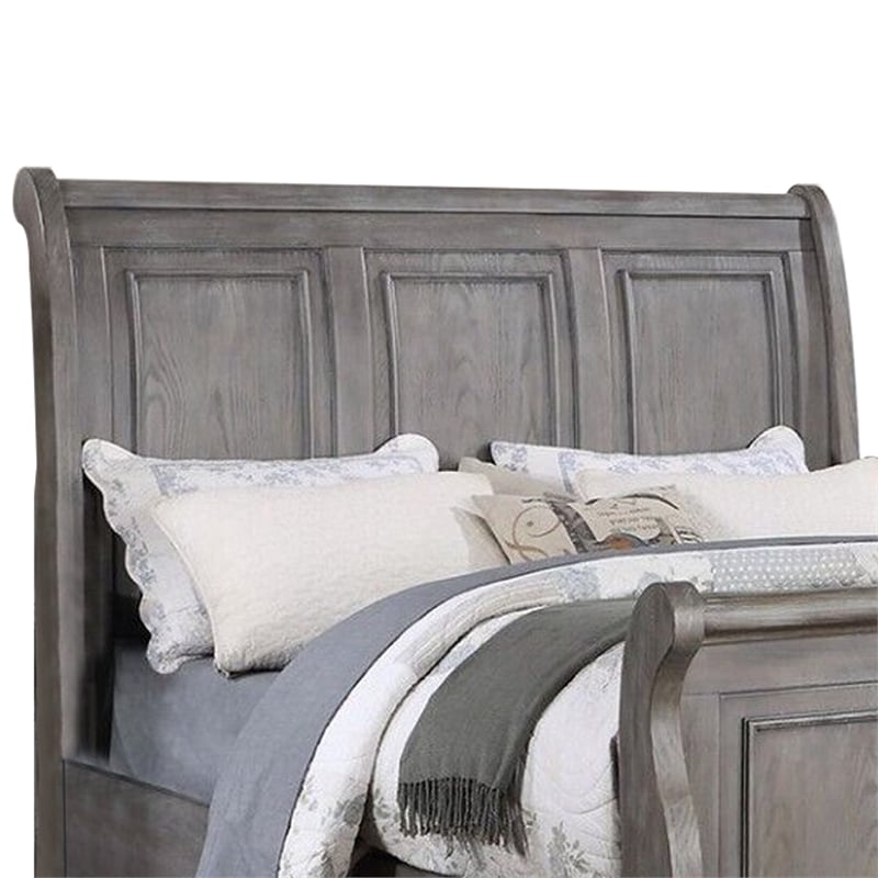 Benjara Demi King Size Bed- Sleigh Headboard- Tri Panel Molding- Oak Gray Wood