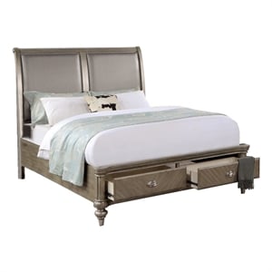 Benjara Ella Modern Queen Bed- Faux Leather Upholstery- 2 Storage Drawers- Gold