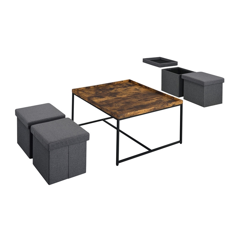 Benjara Veny 5 Piece Coffee Table Set- 4 Storage Nesting Ottoman- Brown- Black