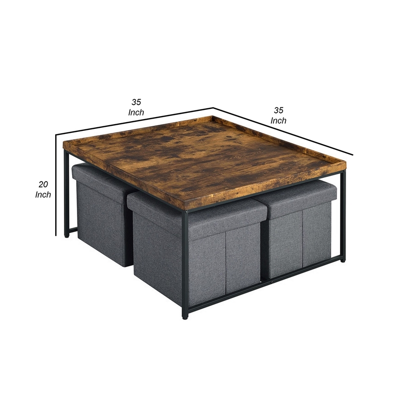 Benjara Veny 5 Piece Coffee Table Set- 4 Storage Nesting Ottoman- Brown- Black