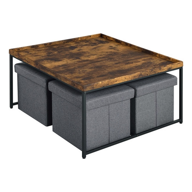 Benjara Veny 5 Piece Coffee Table Set- 4 Storage Nesting Ottoman- Brown- Black