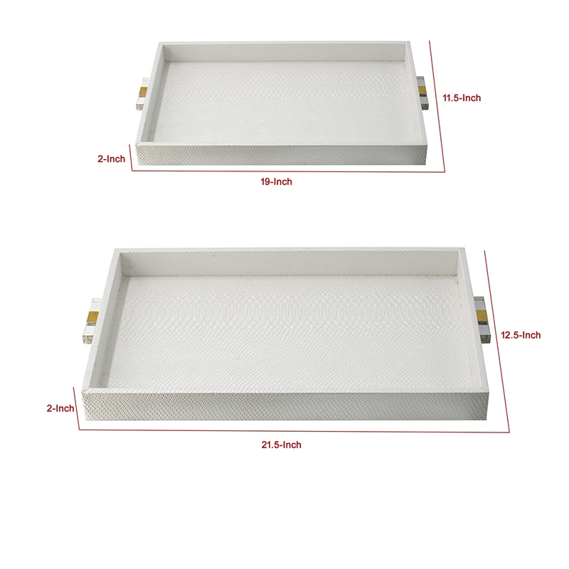 Benjara Snakeskin Texture Decorative Trays- White MDF (Set of 2)