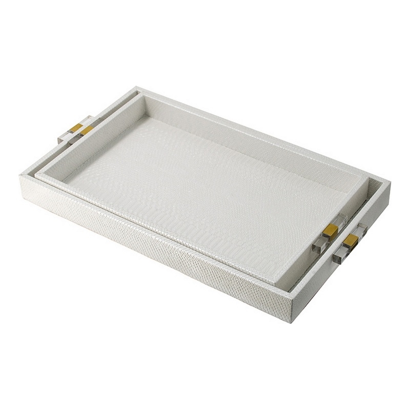 Benjara Snakeskin Texture Decorative Trays- White MDF (Set of 2)