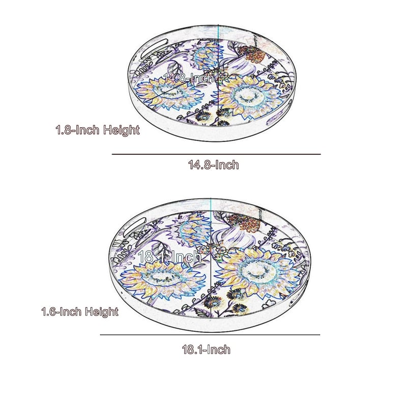 Benjara 2 Piece Modern Decorative Trays- Round Plastic Frame- Sunflower Motifs