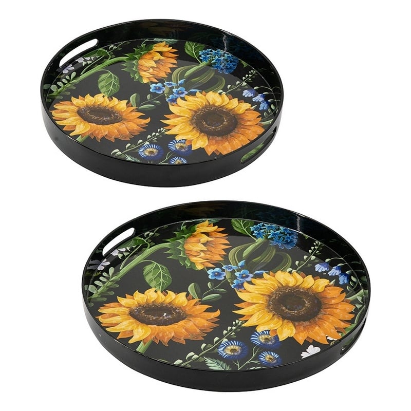 Benjara 2 Piece Modern Decorative Trays- Round Plastic Frame- Sunflower Motifs