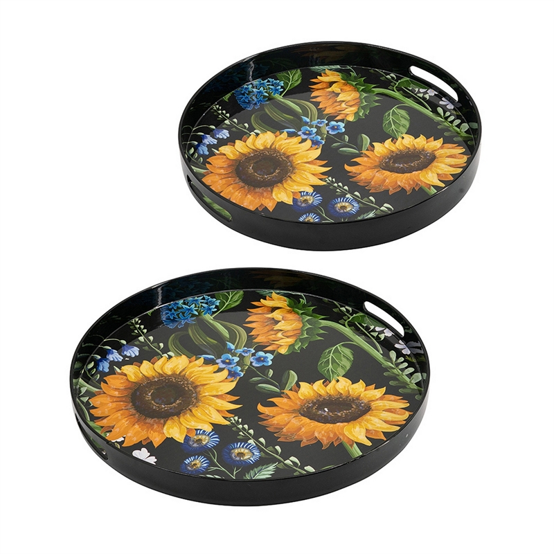 Benjara 2 Piece Modern Decorative Trays- Round Plastic Frame- Sunflower Motifs