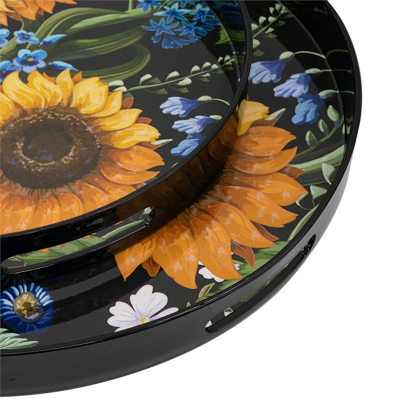 Benjara 2 Piece Modern Decorative Trays- Round Plastic Frame- Sunflower Motifs