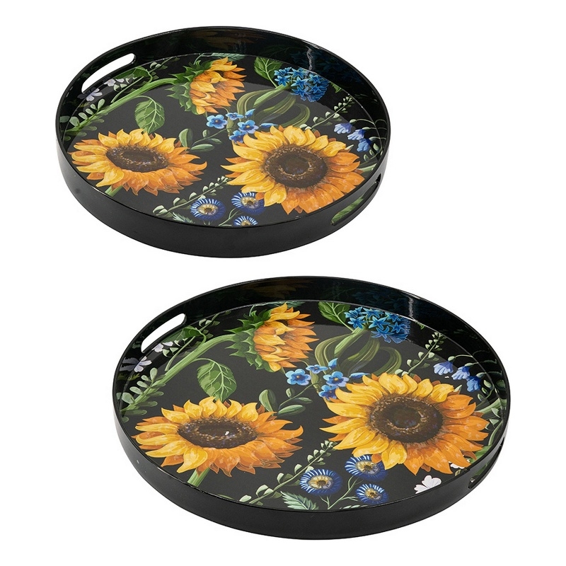 Benjara 2 Piece Modern Decorative Trays- Round Plastic Frame- Sunflower Motifs